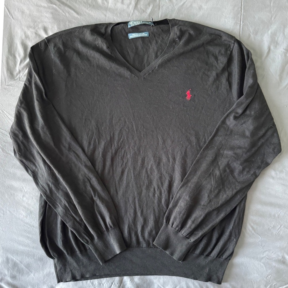 Polo Ralph Lauren V-Neck Sweater Men XL Black Pima Cotton Red Pony Logo Pullover